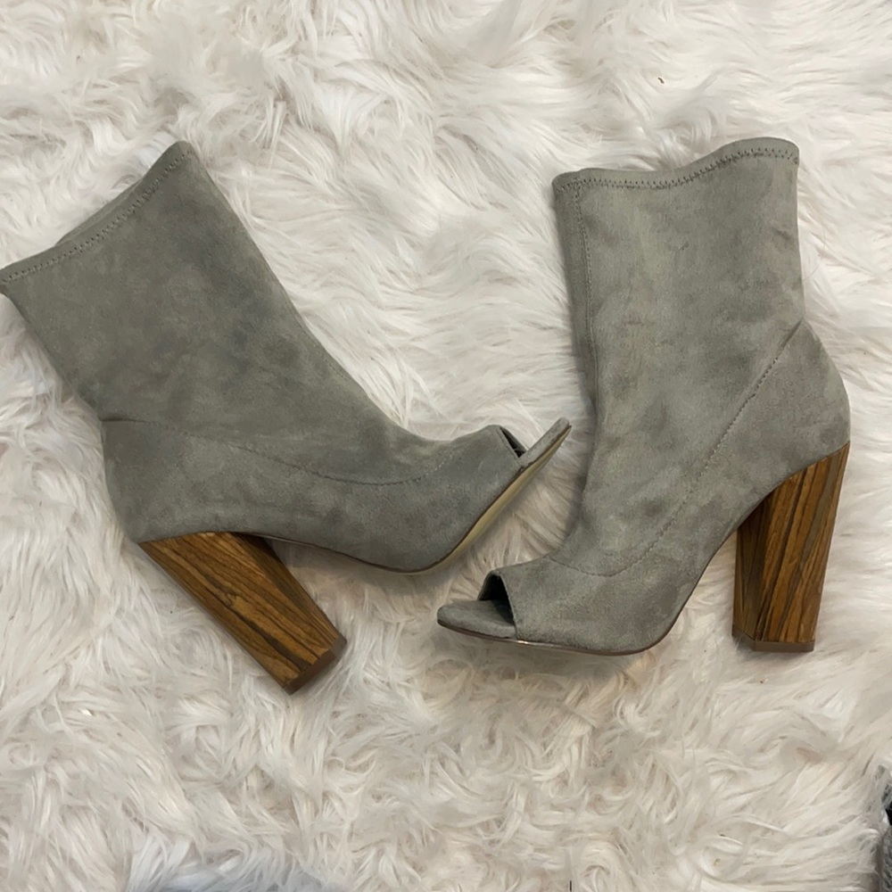 Grey open toe booties